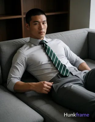 Asian man with short buzz cut and clean-shaven face reclining on a gray sectiona