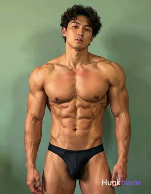 A digital painting of a shirtless man with a muscular torso leaning slightly to 
