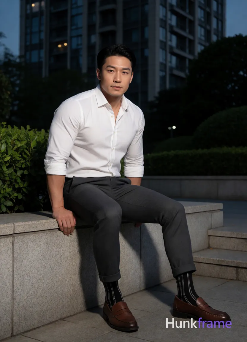 Heavily muscular adult man with substantial muscle mass, wide shoulders, thick neck, large chest and arms, powerful thighs, and dense bodybuilding proportions; Asian man with short black side-parted slick-back hair and clean-shaven face, neutral expression mouth slightly open; Seated sideways on wide stone ledge left leg extended foot flat right knee bent resting on surface torso leaning forward hands on thighs for support; White long-sleeve button-up shirt sleeves rolled to mid-forearm dark grey slim-fit trousers cuffed at ankles black striped socks with white vertical stripes brown leather loafers fully clothed adult heavily muscular build physique outdoor urban night scene modern high-rise building background manicured greenery stone steps artificial ambient lighting soft shadows on face and clothing fine-art photography aesthetic dramatic nighttime lighting sculpted pose deliberate body language polished confident urban sophistication full-body shot centered portrait orientation 13:19 aspect ratio; single clean uninterrupted photograph with a cohesive editorial composition and plain continuous surrounding surfaces