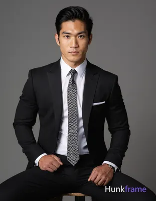 Asian male model seated with a torso-only crop, wearing a black suit jacket and 