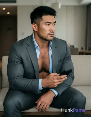 Photograph of exactly 1 adult man. Man 1: Asian, light-medium, square-jawed with defined cheekbones,