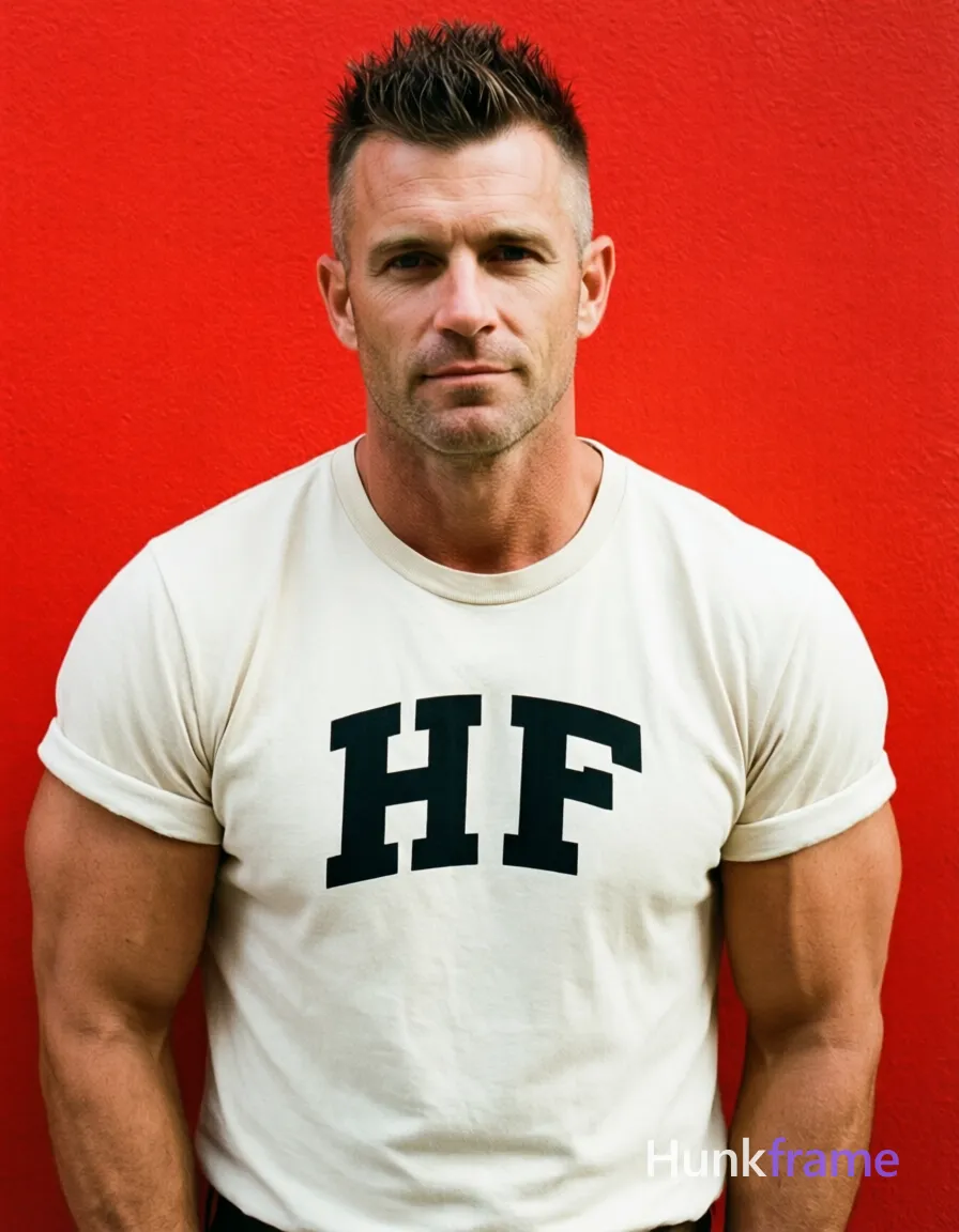 an anonymous figure adult man with short spiky dark brown hair fading to a tight buzz, clean-shaven face and neutral composed expression. He stands upright facing the camera with a slight forward lean against a solid bright red wall background. Wearing an off-white crew-neck t-shirt with black arched text reading 'HF' across the chest, sleeves rolled to mid-bicep showing defined biceps and triceps on broad shoulders. Waist-up portrait centered vertically. Soft frontal illumination creates subtle shadows under chin and nose. High contrast composition between natural skin tones and saturated red background. Clean fine-art photography with minimal retouching. The image is cropped slightly higher at the chest, emphasizing the rolled sleeves and upper torso tension against the bold color field. FULL GARMENT TEXT REPLACEMENT: remove every source garment word, sentence, slogan, logo, and partial brand spelling from every existing print area, then replace those source marks with only the wordmark, spelled exactly "HF". This is replacement, never addition: no original source letters may remain beside or behind it. Repeated "HF" marks are allowed only where the source garment already had printed text; preserve appropriate placement, typography, color, and scale. No other visible text, logo, caption, username, hashtag, comment, watermark, or UI chrome., a single uninterrupted photograph only, no written words or typography anywhere in frame, no captions, no app UI, no social-media post layout, no screenshot borders