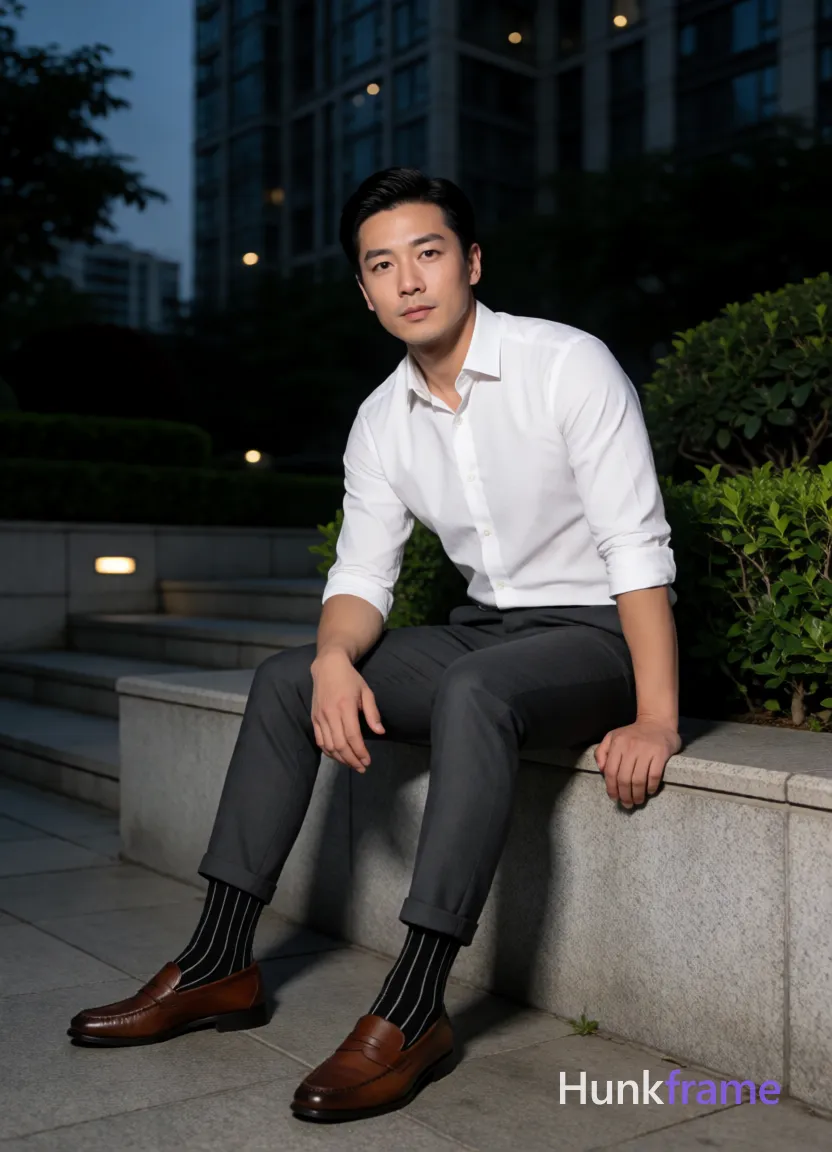 Asian man with short black side-parted slick-back hair and clean-shaven face, neutral expression mouth slightly open; Seated sideways on wide stone ledge left leg extended foot flat right knee bent resting on surface torso leaning forward hands on thighs for support; White long-sleeve button-up shirt sleeves rolled to mid-forearm dark grey slim-fit trousers cuffed at ankles black striped socks with white vertical stripes brown leather loafers fully clothed adult lean build physique outdoor urban night scene modern high-rise building background manicured greenery stone steps artificial ambient lighting soft shadows on face and clothing fine-art photography aesthetic dramatic nighttime lighting sculpted pose deliberate body language polished confident urban sophistication full-body shot centered portrait orientation 13:19 aspect ratio; single clean uninterrupted photograph with a cohesive editorial composition and plain continuous surrounding surfaces
