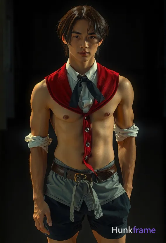 A Japanese man with soft masculine features stands shirtless, his straight black hair falling around his face. He has a slim dancer build and is wearing black athletic shorts and white crew socks, his lean yet muscular physique evident in every angle. The lighting is soft yet dramatic, casting shadows that enhance the texture of his skin and muscles. A dark background creates a moody atmosphere, highlighting the strength and beauty of this masculine form
