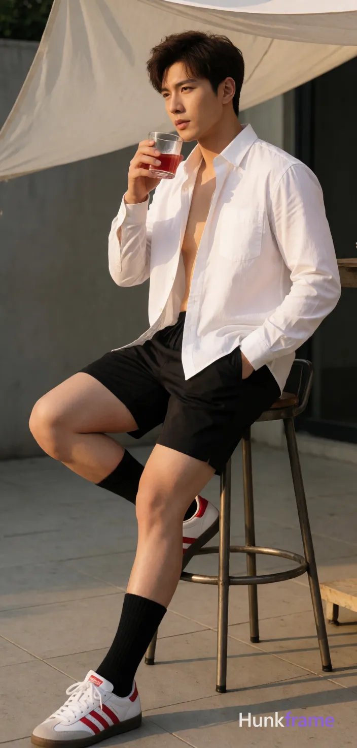 Asian man with light-medium skin and dark brown short hair styled with volume, clean-shaven face gazing off-camera left; Seated sideways on a metal bar stool outdoors under a white fabric canopy; right leg bent flat, left thigh crossed over right knee; Wearing an open white long-sleeve button-up shirt exposing upper chest and pectorals, black athletic shorts above the knee, mid-calf crew socks, and white sneakers with red stripes; Holding a clear glass with reddish liquid near mouth in right hand, left hand deep in pocket; Warm golden-hour sunlight from right casts soft shadows on tiled patio; shallow depth of field highlights natural skin texture against neutral grays; single clean uninterrupted photograph with a cohesive editorial composition and plain continuous surrounding surfaces