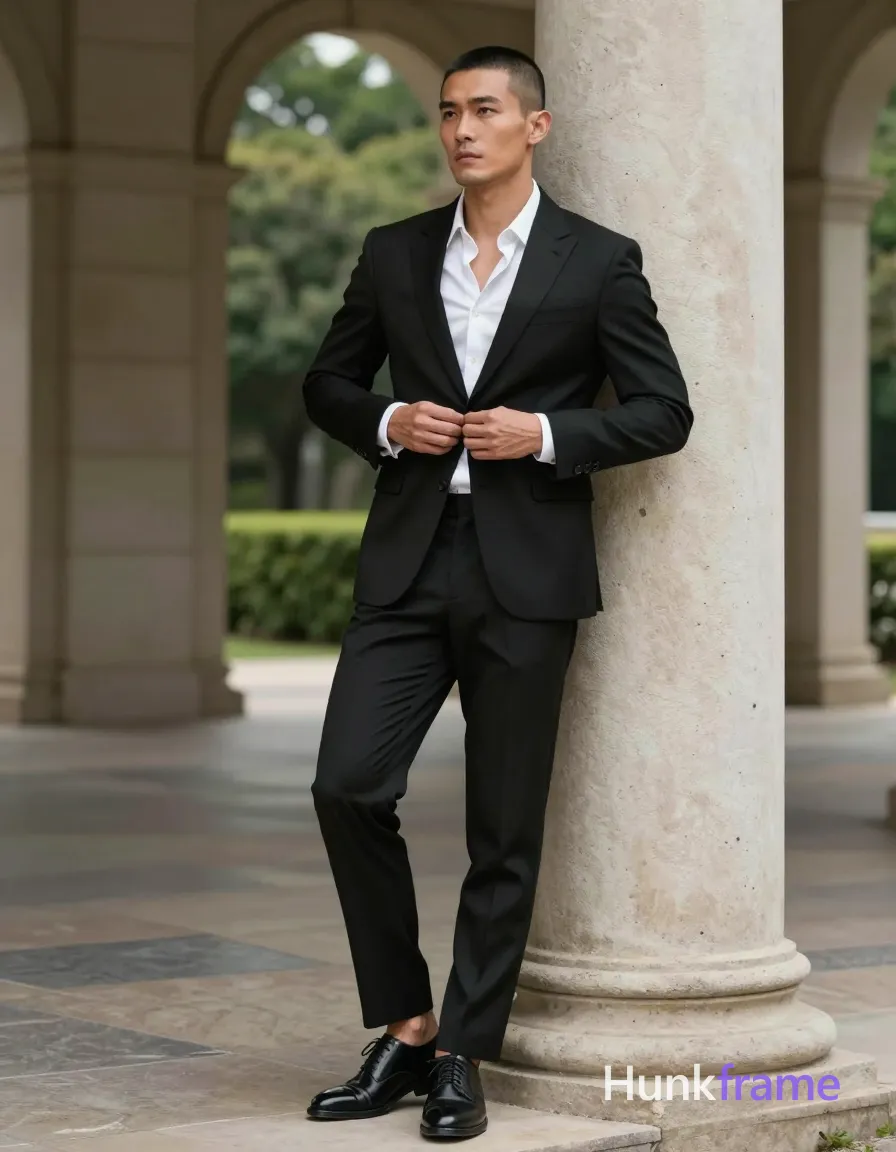Asian man with short buzz cut and high forehead stands leaning against a stone column, right shoulder pressed in while left foot rests on the base; He buttons his open white button-down dress shirt under a black two-piece suit jacket at chest level with both hands; Broad shoulders, defined pectorals, tight waist, clean-shaven neck exposed artistically; Black leather oxford shoes; Full-body shot center-left against arched colonnade and greenery background; Soft natural daylight diffused evenly across face and sculpted physique; Fine-art photography fashion editorial aesthetic with premium styling; single clean uninterrupted photograph with a cohesive editorial composition and plain continuous surrounding surfaces