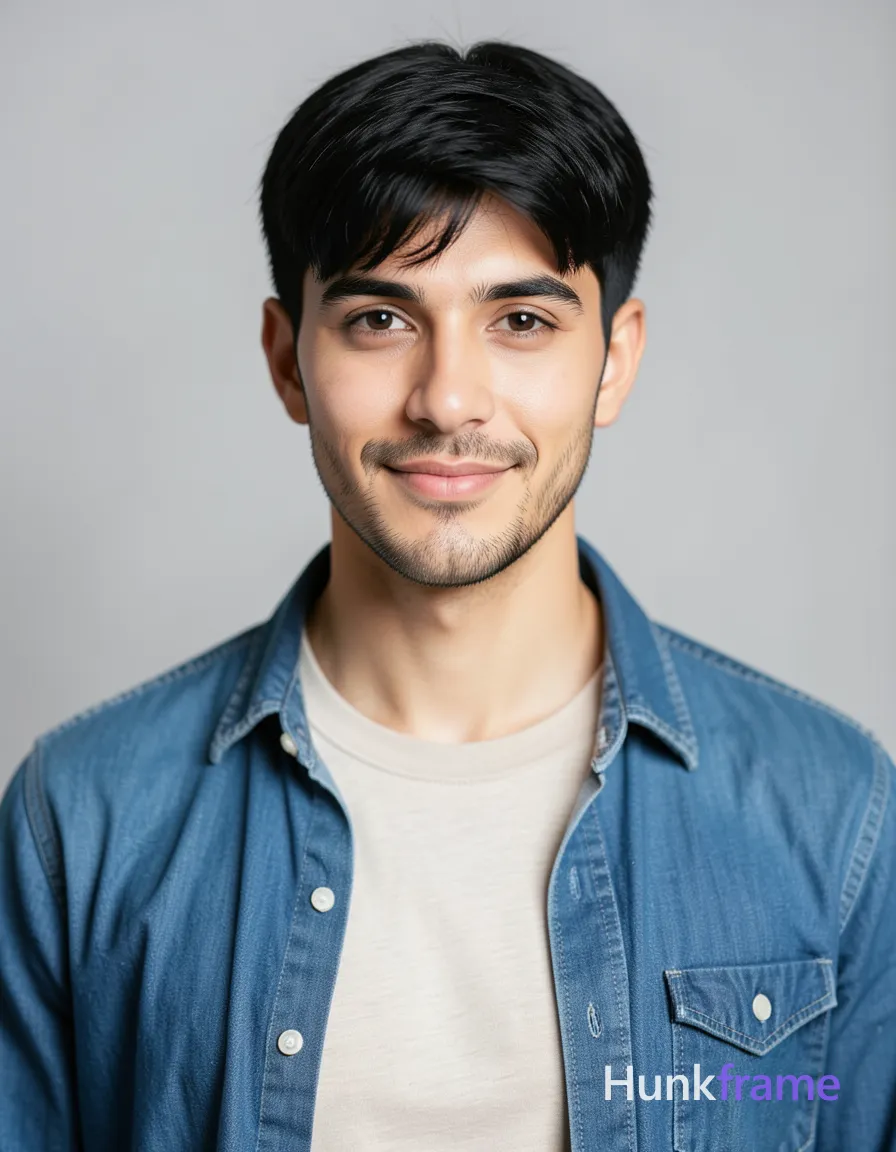 A handsome adult man with light-medium skin and black short hair styled in side-swept bangs stands facing forward. He wears a denim button-up shirt unbuttoned at the collar over a light-colored crew-neck t-shirt, revealing a lean build and smooth torso covered by fabric. Short stubble frames his face as he offers a slight smile with direct gaze into the lens. The composition is a centered head-and-shoulders portrait cropped from upper chest to top of head against a plain studio background lit by soft even light that creates shallow depth of field blur
