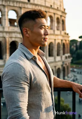 Asian man with short dark brown undercut hair and clean-shaven face, standing in