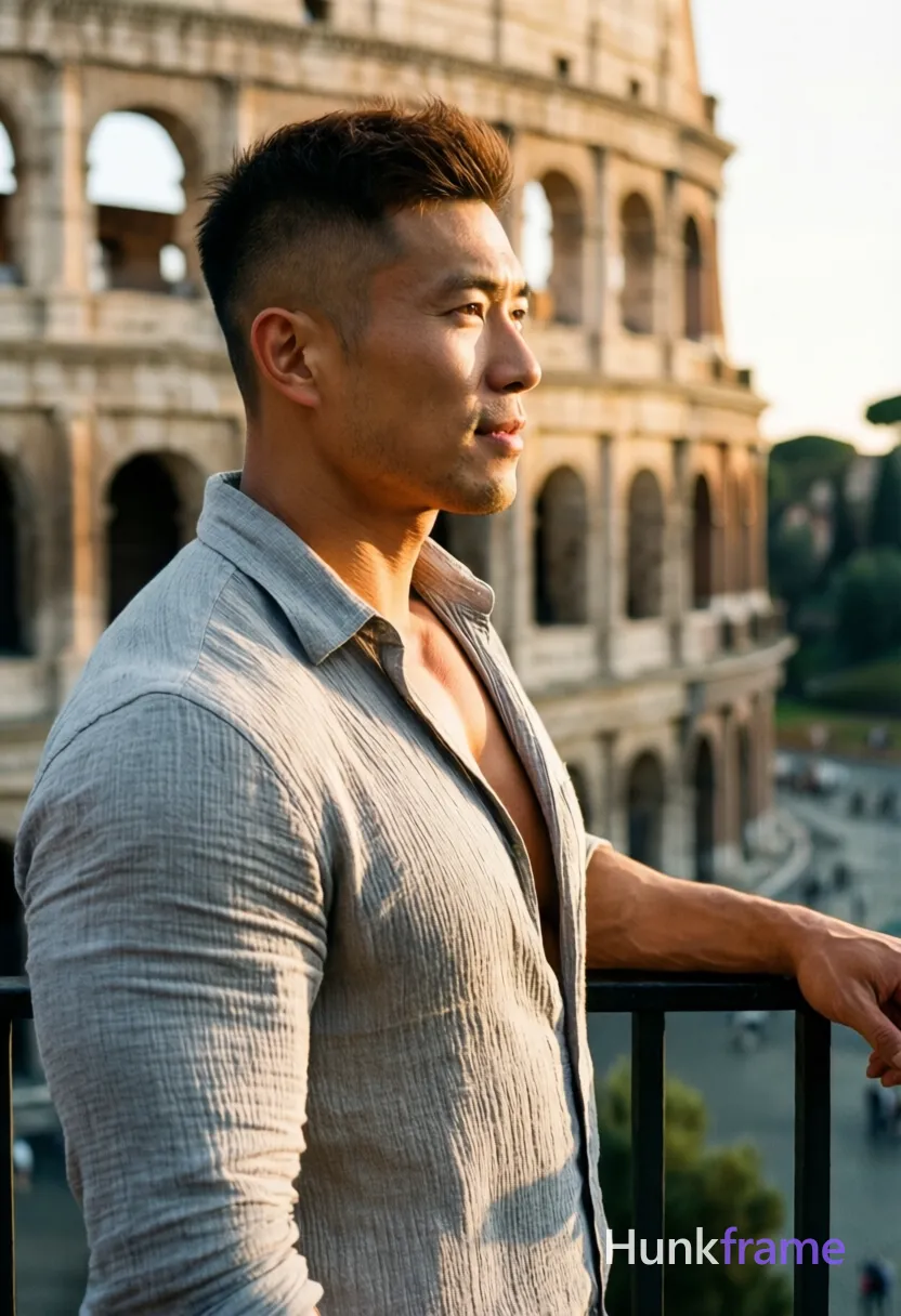 Asian man with short dark brown undercut hair and clean-shaven face, standing in 3/4 profile facing right against blurred Colosseum architecture; He wears a light grey textured button-up shirt with collar open revealing upper chest; left hand resting on black metal railing behind him; Broad shoulders, defined pectorals, toned arms visible from shoulder to wrist; Warm golden-hour sunlight casts soft shadows on his face and skin; Shallow depth of field emphasizes sculpted masculine silhouette in athletic photography style; single clean uninterrupted photograph with a cohesive editorial composition and plain continuous surrounding surfaces