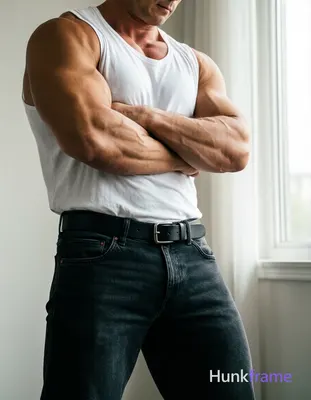 A photorealistic portrait of a handsome masculine man with a compact athletic bu