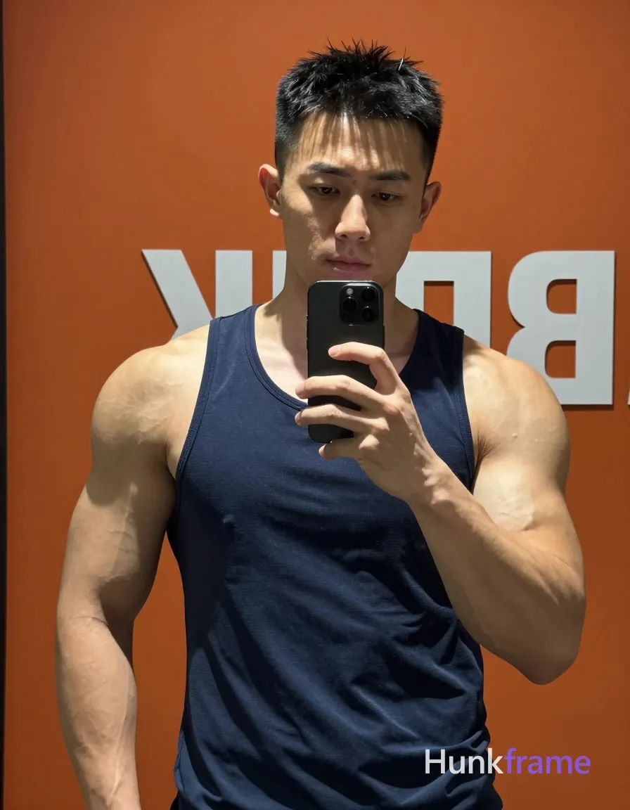 Photograph of exactly 1 adult man. Man 1: Asian, light to medium tan, oval with defined jawline, short, dark black hair, textured top with slightly spiky front, clean-shaven sides and back, clean-shaven, smooth chin and jawline. Man 1 has fully exposed eyes, eyebrows, temples and nose bridge. highly muscular build with defined deltoids, biceps showing vascularity on arms. standing before mirror holding black smartphone to capture selfie reflection in right hand. dark blue sleeveless athletic tank top covering torso fully while standing upright. vertical portrait crop centered on subject occupying majority frame from mid-chest up. indoor space featuring orange wall background with partial white text visible behind figure. direct frontal illumination highlighting musculature definition and creating high contrast shadows. fine-art photography aesthetic with dramatic lighting emphasizing sculpted physique details