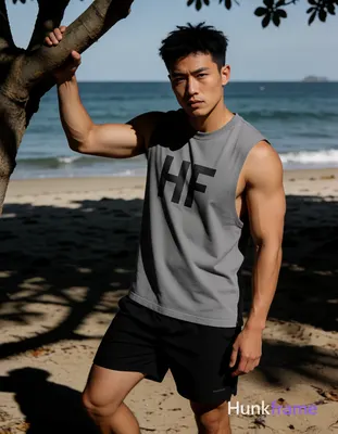 Asian man with tanned skin and short black textured crop top hair, clean-shaven 