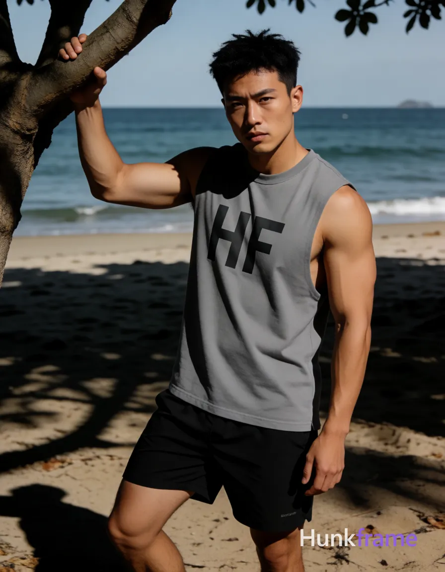 Asian man with tanned skin and short black textured crop top hair, clean-shaven head, hanging from a tree branch on the left side of frame; He pulls up on the branch with his right hand while lifting his left leg bent at knee, torso leaning back slightly to maintain balance; Wearing gray sleeveless tank top with 'HF' text printed across chest and black athletic shorts exposing arms and legs; Highly muscular build with defined abs and thick thighs sculpted by natural sunlight against a beach setting with ocean background and sandy ground beneath subject; High contrast lighting creates dramatic shadows cast by tree, focused intense gaze directed toward camera in vertical portrait orientation 13:19 aspect ratio; FULL GARMENT TEXT REPLACEMENT: remove every source garment word, sentence, slogan, logo, and partial brand spelling from every existing print area, then replace those source marks with only the wordmark, spelled exactly "HF"; This is replacement, Repeated "HF" marks are allowed only where the source garment already had printed text; single clean uninterrupted photograph with a cohesive editorial composition and plain continuous surrounding surfaces