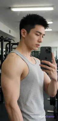 Asian man with short spiky black hair and clean-shaven face, standing in profile facing right holdin