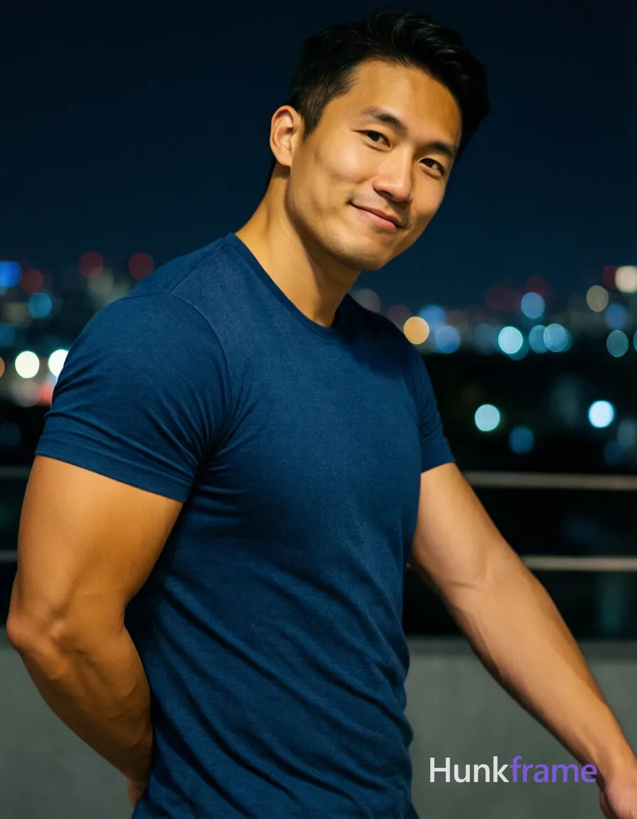 Full-bleed vertical phone wallpaper of an Asian man with light to medium tan skin wearing a dark blue short-sleeve t-shirt; Athletic build, defined shoulders and biceps standing relaxed torso angled toward camera; Left arm bent at elbow near hip partially out of frame, right arm extended downward cropped from view; Head tilted slightly right subtle confident smile against night city lights; single clean uninterrupted photograph with a cohesive editorial composition and plain continuous surrounding surfaces
