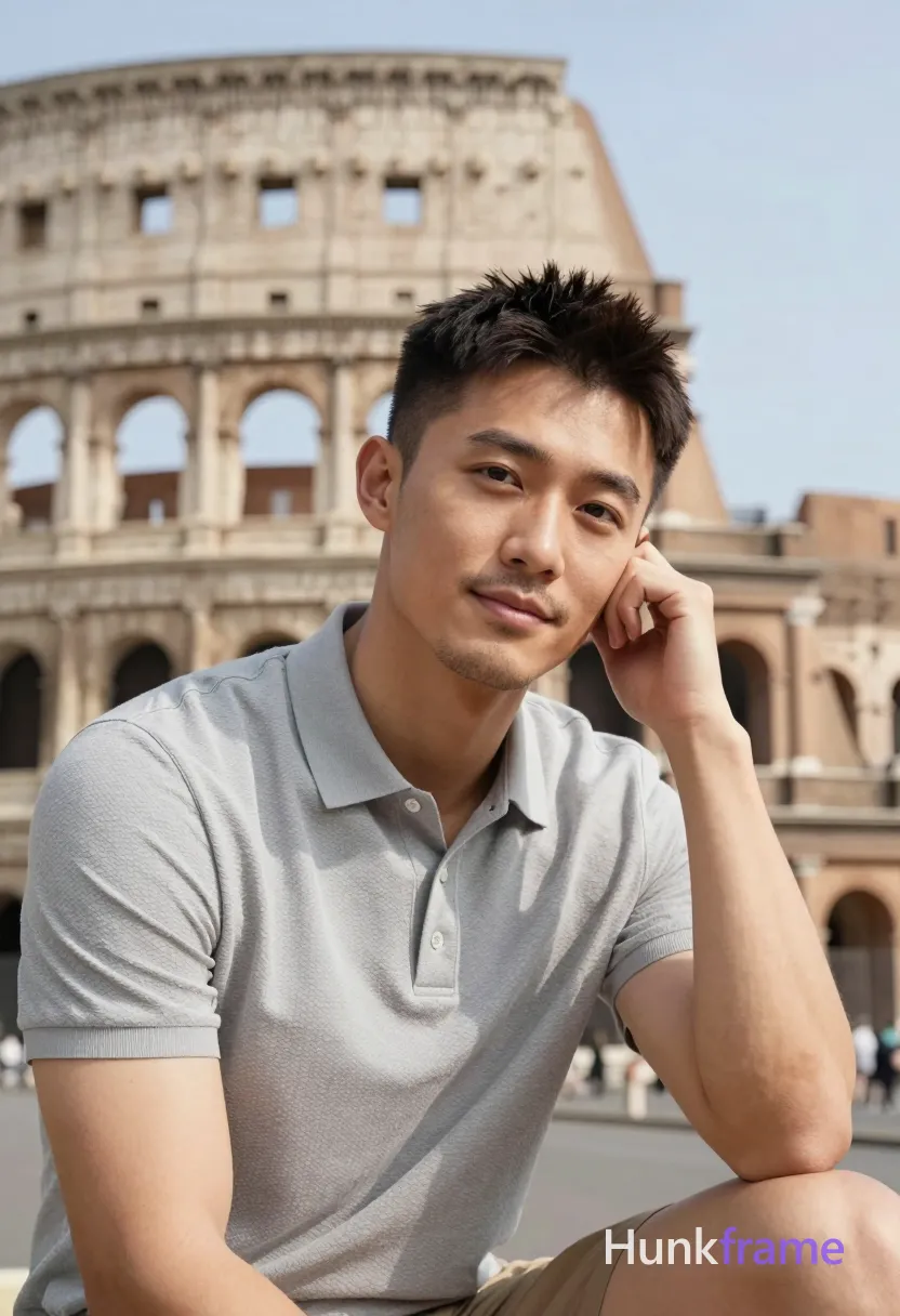 Asian man with short dark hair featuring a textured top and faded sides, clean neckline, light-medium skin tone, oval face with defined jawline; Clean-shaven chin and jawline with light stubble, calm composed expression with slight smile; Seated leaning left elbow on surface right hand resting against temple near ear head tilted slightly to viewer's left wearing light gray textured polo shirt with collar and placket fully clothed lean build physique; Outdoor urban plaza setting foreground right occupying lower-right quadrant of frame blurred Colosseum in background under clear blue sky warm beige stone tones soft natural daylight shallow depth of field portrait-focused composition serene contemplative premium editorial mood fine-art photography; single clean uninterrupted photograph with a cohesive editorial composition and plain continuous surrounding surfaces
