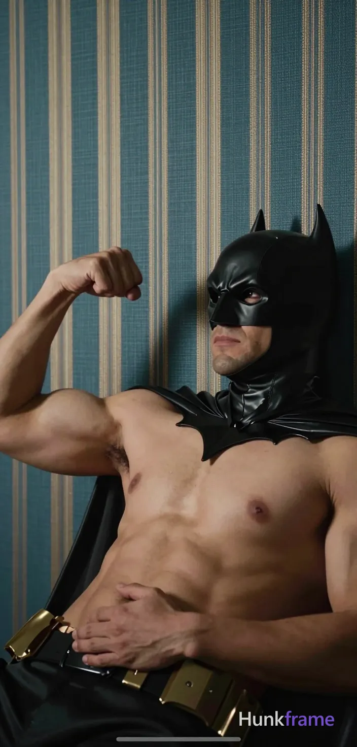 Striking full-bleed vertical wallpaper of adult man reclining on back, left arm flexed with fist raised near shoulder and right hand resting across lower abdomen. Shirtless torso features black Batman cowl covering head and neck with chest emblem visible. Medium-brown skin texture under soft directional lighting from left against blue-green woven fabric background. Vertical portrait close-up centered slightly to the right for screen-safe composition., a single uninterrupted photograph only, no written words or typography anywhere in frame, no captions, no app UI, no social-media post layout, no screenshot borders