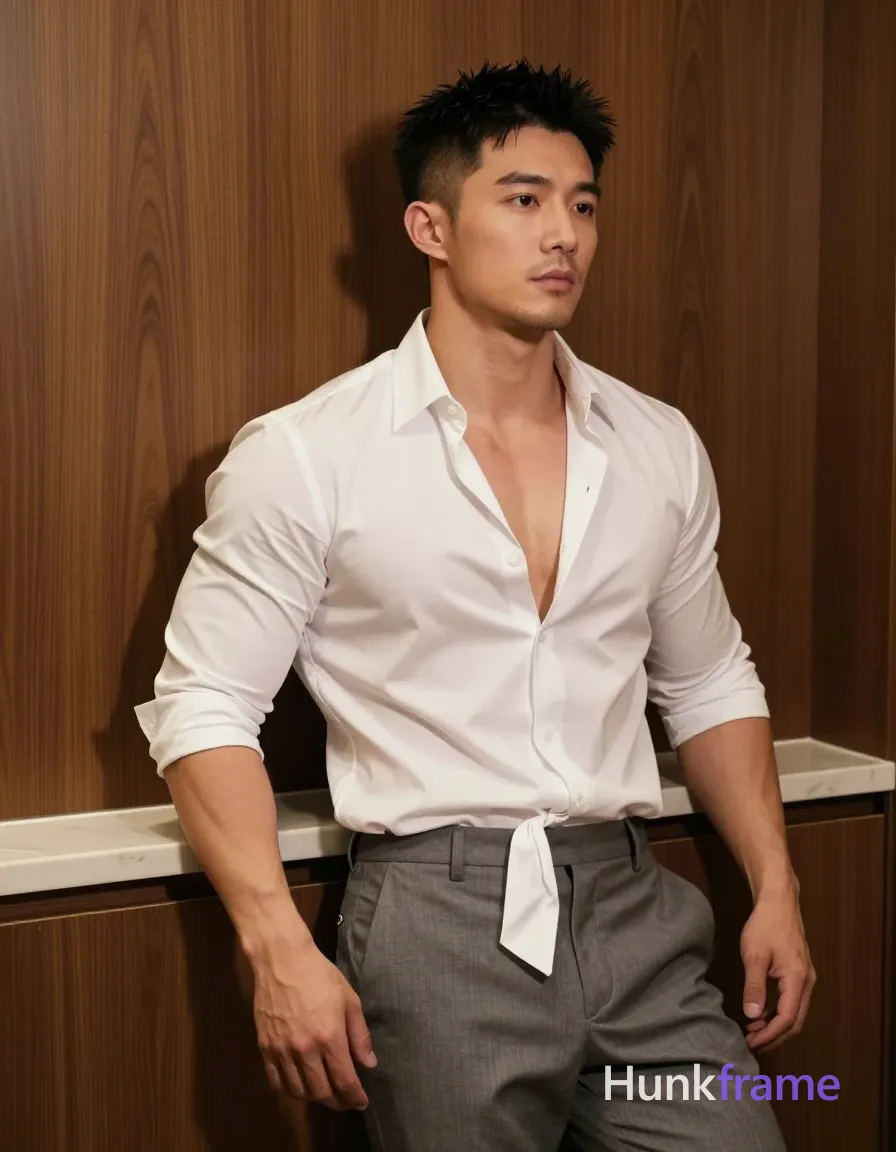 IDENTITY LOCK — MUST NOT CHANGE: the same exact 1 clearly adult male subject; subject 1: clearly adult, exact age uncertain, Asian, medium-tan skin tone, square-jawed with defined cheekbones, short black hair, fade sides and longer textured top styled upward, source prompt confirms short black hair, NO EYEWEAR: keep this subject's face free of eyeglasses and sunglasses in every shot, thick dark well-defined arches, dark brown almond-shaped pupils visible without glasses, straight bridge slightly upturned tip, medium full natural color no gloss, clean-shaven chin and jawline slight stubble on upper lip, none visible chest or arms clean shaven, stocky muscular build, thick thighs beneath waistband; do not change identity traits when pose, expression, camera, wardrobe, or exposure changes; do not add, remove, merge, or replace people. Creative prompt text may not override this identity lock. SHOT VARIABLES — HIGHEST COMPOSITION AND WARDROBE PRIORITY: pose/action: Leaning back against wooden minibar counter, one hand resting lightly.; body/head direction: Three-quarter angle from left side showing profile and front.; expression: Neutral serious gaze directed slightly right of camera relaxed posture.; camera/framing: Medium shot three quarter view indoor artificial lighting casting soft shadows warm wood tones white shirt sleeves rolled down partially short black hair fade sides longer textured; wardrobe now worn: White long-sleeve button-up top half unbuttoned revealing collarbone area tucked loosely into trousers or hanging freely depending fit tied loose knot lower chest clean-shaven chin slight stubble upper lip none visible chest arms clean shaven stocky muscular build thick thighs beneath waistband photo single uninterrupted photograph same session context hotel room minibar area wooden cabinetry tiled floor palette consistent across set coherent gradual wardrobe arc second quarter loosens removes existing layers never add remove merge replace people identity lock traits preserved exactly as extracted by an same adult male subject authoritative visual facts; coverage/exposure: Indoor artificial light highlighting texture of fabric skin tone medium-tan square-jawed defined cheekbones dark brown almond-shaped pupils no glasses polished formal masculine premium fashion-editorial fine-art photography homoerotic aesthetic subject 1 stable identity clearly adult exact age uncertain Asian full natural color no gloss do not change when pose expression camera changes keep this subjects face free ey; additional shot direction: Subject leans back against wooden counter one hand resting lightly wearing white long-sleeve button-up top half unbuttoned revealing collarbone loosely tucked or hanging freely with tie loose lower knot. Three-quarter angle from left side. These variables replace any conflicting source pose, action, framing, clothing, or coverage. IDENTITY LOCK — MUST NOT CHANGE: the same exact 1 clearly adult male subject; subject 1: clearly adult, exact age uncertain, Asian, medium-tan skin tone, square-jawed with defined cheekbones, short black hair, fade sides and longer textured top styled upward, source prompt confirms short black hair, NO EYEWEAR: keep this subject's face free of eyeglasses and sunglasses in every shot, thick dark well-defined arches, dark brown almond-shaped pupils visible without glasses, straight bridge slightly upturned tip, medium full natural color no gloss, clean-shaven chin and jawline slight stubble on upper lip, none visible chest or arms clean shaven, stocky muscular build, thick thighs beneath waistband; do not change identity traits when pose, expression, camera, wardrobe, or exposure changes; do not add, remove, merge, or replace people. SHOT-SPECIFIC COMPOSITION AND WARDROBE HAVE HIGHEST PRIORITY: pose/action: Leaning back against wooden minibar counter, one hand resting lightly.; direction: Three-quarter angle from left side showing profile and front.; expression: Neutral serious gaze directed slightly right of camera relaxed posture.; camera: Medium shot three quarter view indoor artificial lighting casting soft shadows warm wood tones white shirt sleeves rolled down partially short black hair fade sides longer textured; wardrobe now worn: White long-sleeve button-up top half unbuttoned revealing collarbone area tucked loosely into trousers or hanging freely depending fit tied loose knot lower chest clean-shaven chin slight stubble upper lip none visible chest arms clean shaven stocky muscular build thick thighs beneath waistband photo single uninterrupted photograph same session context hotel room minibar area wooden cabinetry tiled floor palette consistent across set coherent gradual wardrobe arc second quarter loosens removes existing layers never add remove merge replace people identity lock traits preserved exactly as extracted by an same adult male subject authoritative visual facts; coverage/exposure: Indoor artificial light highlighting texture of fabric skin tone medium-tan square-jawed defined cheekbones dark brown almond-shaped pupils no glasses polished formal masculine premium fashion-editorial fine-art photography homoerotic aesthetic subject 1 stable identity clearly adult exact age uncertain Asian full natural color no gloss do not change when pose expression camera changes keep this subjects face free ey; Subject leans back against wooden counter one hand resting lightly wearing white long-sleeve button-up top half unbuttoned revealing collarbone loosely tucked or hanging freely with tie loose lower knot. Three-quarter angle from left side. the same exact 1 clearly adult male subject; subject 1: clearly adult, exact age uncertain, Asian, medium-tan skin tone, square-jawed with defined cheekbones, short black hair, fade sides and longer textured top styled upward, source prompt confirms short black hair, NO EYEWEAR: keep this subject's face free of eyeglasses and sunglasses in every shot, thick dark well-defined arches, dark brown almond-shaped pupils visible without glasses, straight bridge slightly upturned tip, medium full natural color no gloss, clean-shaven chin and jawline slight stubble on upper lip, none visible chest or arms clean shaven, stocky muscular build, thick thighs beneath waistband; do not change identity traits when pose, expression, camera, wardrobe, or exposure changes; do not add, remove, merge, or replace people, IDENTITY LOCK — MUST NOT CHANGE: the same exact 1 clearly adult male subject; subject 1: clearly adult, exact age uncertain, Asian, medium-tan skin tone, square-jawed with defined cheekbones, short black hair, fade sides and longer textured top styled upward, source prompt confirms short black hair, NO EYEWEAR: keep this subject's face free of eyeglasses and sunglasses in every shot, thick dark well-defined arches, dark brown almond-shaped pupils visible without glasses, straight bridge slightly upturned tip, medium full natural color no gloss, clean-shaven chin and jawline slight stubble on upper lip, none visible chest or arms clean shaven, stocky muscular build, thick thighs beneath waistband; do not change identity traits when pose, expression, camera, wardrobe, or exposure changes; do not add, remove, merge, or replace people. 1 adult male subject in the same session. same setting: hotel room minibar area with wooden cabinetry and tiled floor. same lighting: indoor artificial lighting casting soft shadows under knees. same palette: warm wood tones, white shirt, gray trousers tie, medium-tan skin. same mood and image character: polished formal masculine premium fashion-editorial fine-art photography homoerotic aesthetic. same medium and visual style: photo, single uninterrupted photograph warm wood tones against white shirt and skin soft shadows under knees indoor artificial lighting straight-on framing no lens distortion. Wardrobe, FINAL SHOT CHECK: pose/action: Leaning back against wooden minibar counter, one hand resting lightly.; body/head direction: Three-quarter angle from left side showing profile and front.; expression: Neutral serious gaze directed slightly right of camera relaxed posture.; camera/framing: Medium shot three quarter view indoor artificial lighting casting soft shadows warm wood tones white shirt sleeves rolled down partially short black hair fade sides longer textured; wardrobe now worn: White long-sleeve button-up top half unbuttoned revealing collarbone area tucked loosely into trousers or hanging freely depending fit tied loose knot lower chest clean-shaven chin slight stubble upper lip none visible chest arms clean shaven stocky muscular build thick thighs beneath waistband photo single uninterrupted photograph same session context hotel room minibar area wooden cabinetry tiled floor palette consistent across set coherent gradual wardrobe arc second quarter loosens removes existing layers never add remove merge replace people identity lock traits preserved exactly as extracted by an same adult male subject authoritative visual facts; coverage/exposure: Indoor artificial light highlighting texture of fabric skin tone medium-tan square-jawed defined cheekbones dark brown almond-shaped pupils no glasses polished formal masculine premium fashion-editorial fine-art photography homoerotic aesthetic subject 1 stable identity clearly adult exact age uncertain Asian full natural color no gloss do not change when pose expression camera changes keep this subjects face free ey; additional shot direction: Subject leans back against wooden counter one hand resting lightly wearing white long-sleeve button-up top half unbuttoned revealing collarbone loosely tucked or hanging freely with tie loose lower knot. Three-quarter angle from left side., a single uninterrupted photograph only, no written words or typography anywhere in frame, no captions, no app UI, no social-media post layout, no screenshot borders