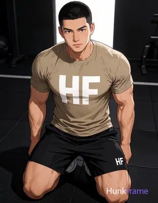 Asian man with short black buzz cut and clean-shaven face, eyes closed mid-exertion mouth open; High
