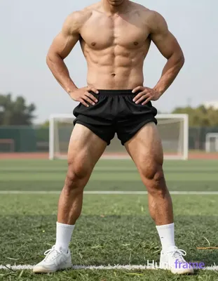 Photoreal photograph of a shirtless man standing on a soccer field with legs apa