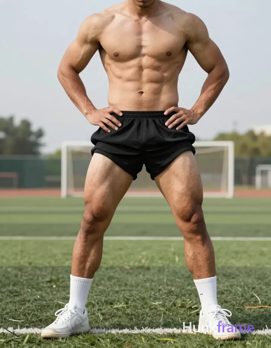 Photoreal photograph of a shirtless man standing on a soccer field with legs apart, torso slightly leaned forward, hands on hips. He wears black athletic shorts, white crew socks, and white sneakers. The image is an 853:1280 aspect ratio vertical portrait orientation, showing his defined abs and thick muscular thighs prominently. Bright outdoor lighting with natural green tones from the grass and sky sets an energetic mood