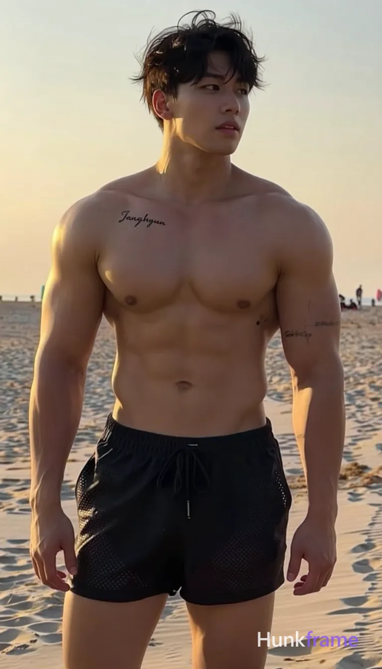 torso angled slightly right while head turns 45 degrees; He is shirtless revealing broad shoulders, defined pectorals, six-pack abs, visible obliques, smooth abdomen, minimal chest hair, and a cursive tattoo reading 'Janghyun' above the left hipbone; Wearing black mesh swim trunks with drawstring waistband on tanned skin against warm beige sand beach at sunset; Golden hour backlight from low sun behind subject creates high contrast lighting with soft frontal fill; Vertical portrait 13:19 aspect ratio, full-body shot from thighs up to head centered composition, shot on iPhone 15 Pro main camera, authentic smartphone computational photography, natural Smart HDR and true-to-life skin texture, vertical 9:16 Xiaohongshu lifestyle feed, bright clean everyday scene, unretouched phone photo with subtle sensor grain, trendy Chinese internet 网红 aesthetic, candid influencer energy; single clean uninterrupted photograph with a cohesive editorial composition and plain continuous surrounding surfaces