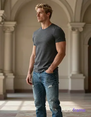A muscular adult man with light-medium skin stands in profile facing left, right hand deep in pocket