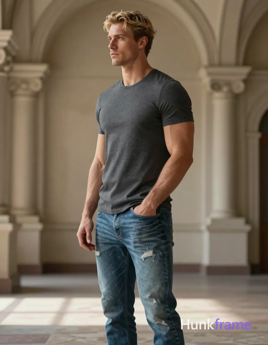 A muscular adult man with light-medium skin stands in profile facing left, right hand deep in pocket while the left arm hangs relaxed by his side. He wears a dark grey fitted crew-neck short-sleeve t-shirt and blue distressed denim jeans, fully clothed from mid-thigh up to head. Positioned on the right third of an ornate indoor architectural space with tall columns and arches. Soft directional light washes over him from the left, creating sculpted shadows against muted beige cream background tones. Shallow depth of field blurs the ornate backdrop slightly desaturated, evoking a contemplative polished editorial mood rendered in high-quality 2.5D next-gen game art style., same aesthetic theme and photo feel as the reference but a different man in a different pose with distinct body proportions, Northern European man, light freckled skin, dirty blond hair, tall lanky runner frame, a single uninterrupted photograph only, no written words or typography anywhere in frame, no captions, no app UI, no social-media post layout, no screenshot borders