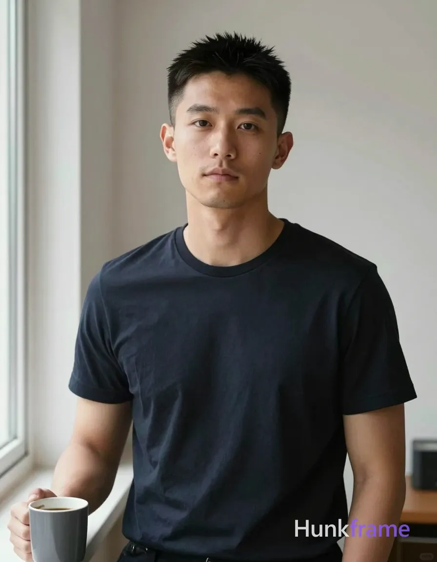an anonymous figure man with light to medium tan skin and subtle shadows under the jawline, black short buzz cut fading to skin on sides with textured spiky top layer standing upright; Clean-shaven face with very faint stubble along jawline and upper lip, chin smooth; Neutral expression with direct gaze toward camera and slight head tilt to viewer's left; Standing casually in a cozy apartment corner holding a coffee mug near a window sill; Wearing dark navy or black crew-neck t-shirt covering torso completely; Fully clothed adult lean build physique; Natural daylight streaming from right side casting soft highlights on face and shoulder; Clean composition, natural skin tones, shallow depth of field implied by background blur; Xiaohongshu lifestyle influencer vibe with candid iPhone rear-camera snapshot energy; single clean uninterrupted photograph with a cohesive editorial composition and plain continuous surrounding surfaces