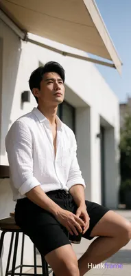 Asian man with light-medium skin and black short hair styled with volume, clean-shaven face looking 