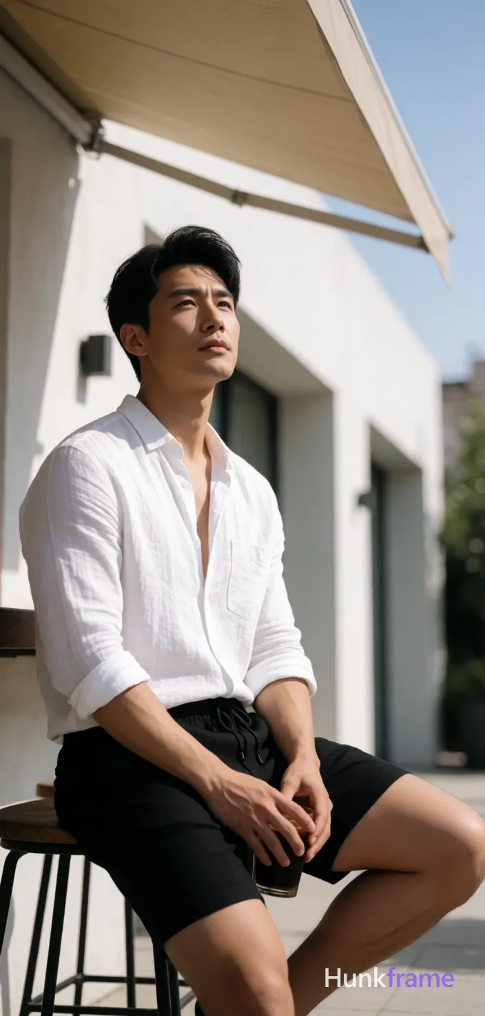 Asian man with light-medium skin and black short hair styled with volume, clean-shaven face looking upward right; Seated on high stool torso angled left holding dark drink between knees in white textured linen shirt unbuttoned at top revealing upper chest clavicles pectorals abdomen defined abs sleeves rolled wearing black drawstring shorts ending above knee weight shifted onto left leg broad shoulders thick thighs rugged warm confidence dense body hair implied by build outdoor patio under beige awning casting soft shadows on white stucco wall modern building facade background right bright natural sunlight from upper left creating strong highlights shallow depth of field keeping subject sharply focused softly blurring architectural elements behind vertical phone-camera aesthetic head-to-thighs framing excluding feet entirely center-left composition occupies majority frame relaxed confidence sun-drenched leisure premium lifestyle editorial tone high-contrast outdoor lighting emphasizing muscle definition clean lines minimal background distractions typical of fashion photography; single clean uninterrupted photograph with a cohesive editorial composition and plain continuous surrounding surfaces