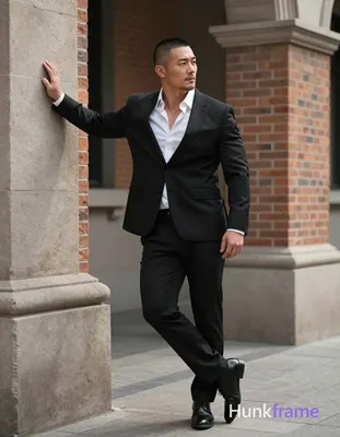 Asian man with short buzz cut and light stubble stands in three-quarter profile leaning against a st