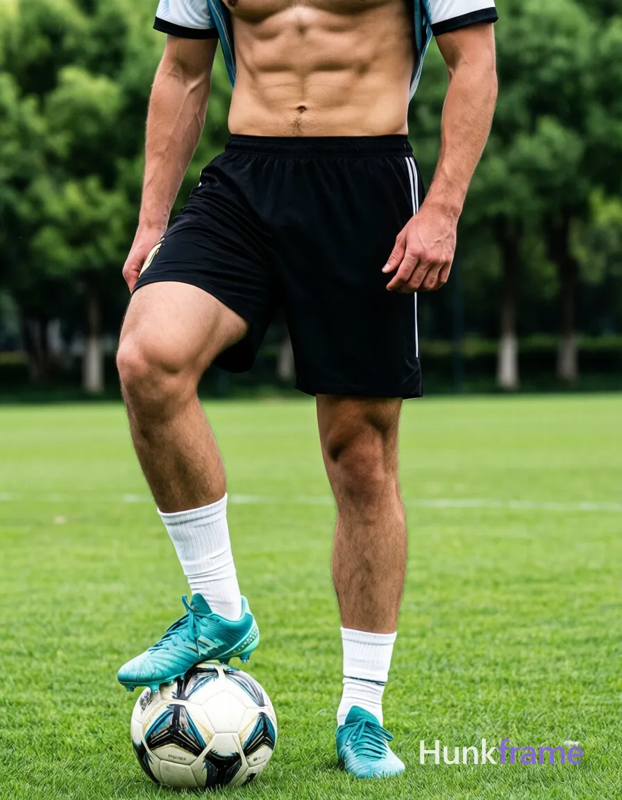 A photorealistic photograph of a shirtless man in an Argentina soccer jersey, black shorts, white crew socks, and teal soccer cleats, standing on a soccer ball with his torso centered in the frame against a backdrop of green grassy field with trees. The lighting is natural outdoors, highlighting defined abs and thick muscular thighs. He appears to be reflecting on his childhood dream of playing football, exuding an athletic and energetic mood typical of a soccer player. The image has a 591:1280 aspect ratio, vertical portrait orientation, and is tack-sharp in quality., shot on iPhone 15 Pro main camera, authentic smartphone computational photography, natural Smart HDR and true-to-life skin texture, vertical 9:16 Xiaohongshu lifestyle feed, bright clean everyday scene, unretouched phone photo with subtle sensor grain, trendy Chinese internet 网红 aesthetic, candid influencer energy