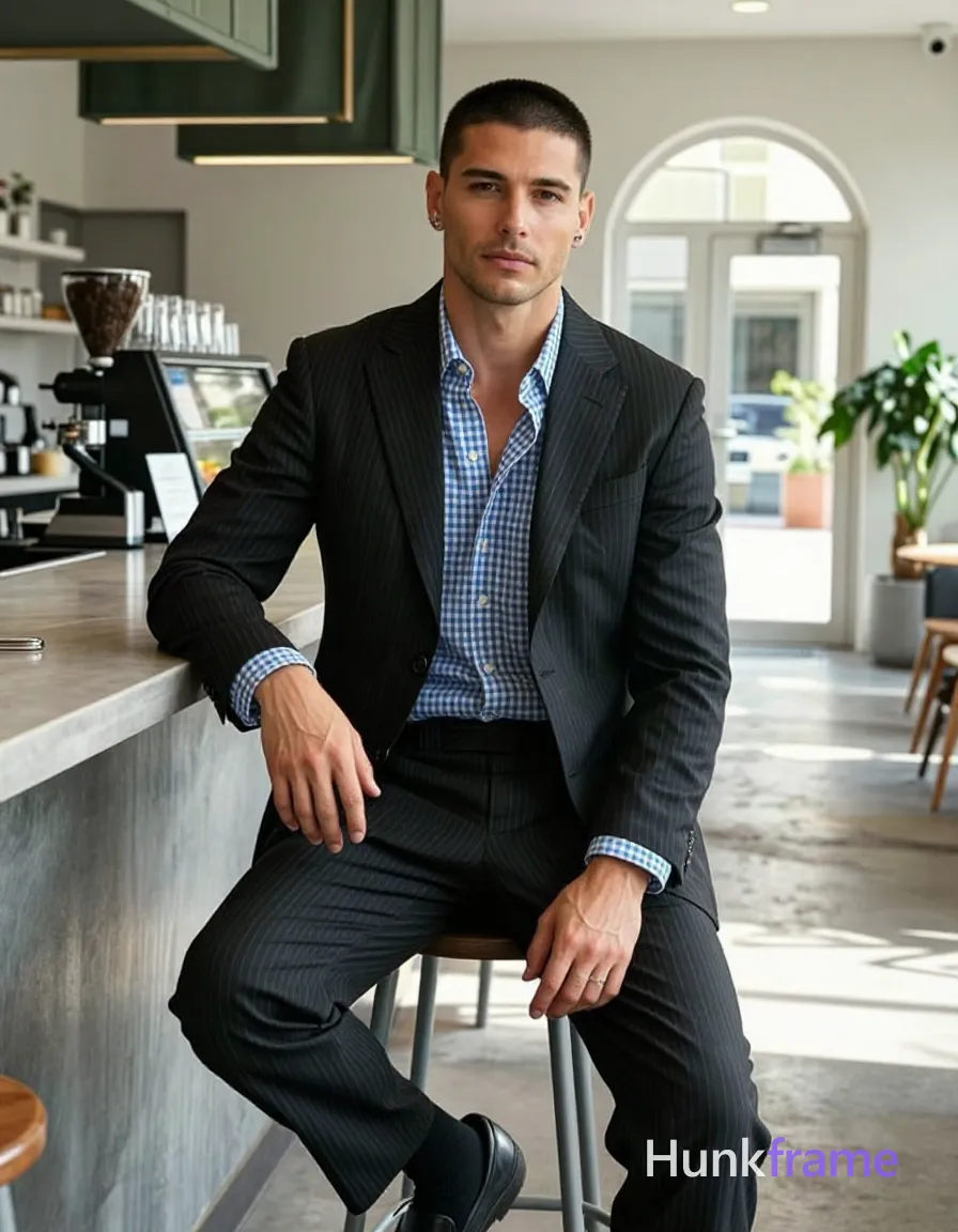 an anonymous figure man with short black buzz cut and clean-shaven face, neutral expression seated on white stool; Wearing dark pinstripe single-breasted suit jacket over blue-and-white checkered button-down shirt with open collar, matching trousers with cuffed hems; Hands resting loosely on thighs while left leg crosses right knee; Fully clothed adult torso showing neckline of unbuttoned collar and wrists; Seated at waist height center-left in modern café interior with metallic counter surface to left; Background features hanging green fabric shades, glassware display, potted plant near arched door opening to sunlit outdoor area; Natural daylight streaming through archway creates soft shadows on concrete floor; High-key exposure with controlled contrast and shallow depth of field keeping subject sharp while background softly recedes; Vertical portrait orientation 13:19 aspect ratio, shot on iPhone 15 Pro main camera, authentic smartphone computational photography, natural Smart HDR, vertical 9:16 Xiaohongshu lifestyle post, bright clean gym or cafe scene, wardrobe matching reference outfit, confident everyday blogger pose, phone photo with natural grain; single clean uninterrupted photograph with a cohesive editorial composition and plain continuous surrounding surfaces