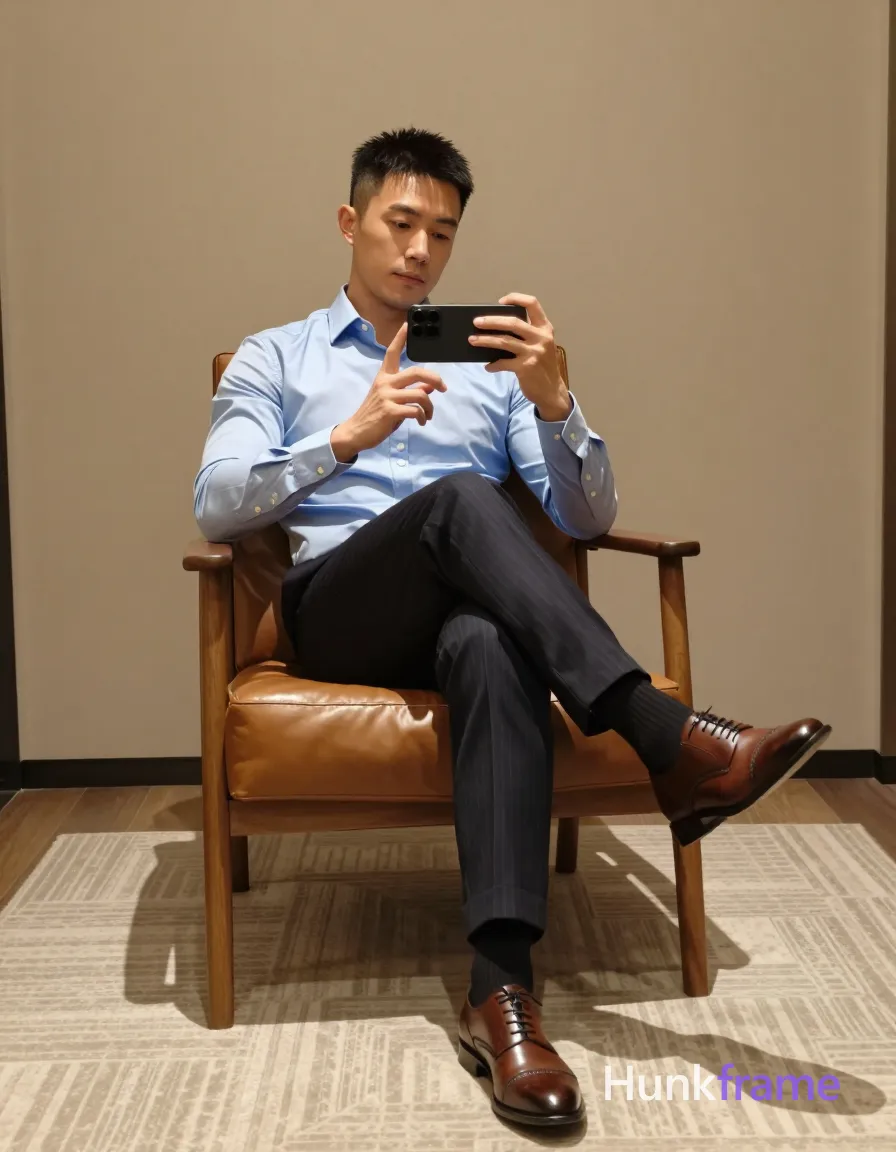 Asian man, light-medium skin, short black textured hair with faded sides and clean neckline, clean-shaven face; Seated sideways in a brown leather armchair with wooden frame, left leg crossed over right knee showing lean build physique; Wearing light blue long-sleeve button-down shirt top two buttons undone, dark pinstripe trousers, black dress socks, brown leather cap-toe oxford shoes; Holding black smartphone with both hands at chest level, thumb on screen taking mirror selfie; Modern apartment interior with beige rug and geometric pattern background; Soft ambient indoor lighting casting warm highlights on face and shirt from overhead source; Vertical portrait orientation 13:19 aspect ratio, full-body seated shot knees up to head, clean lines minimalist high-end fashion editorial aesthetic; single clean uninterrupted photograph with a cohesive editorial composition and plain continuous surrounding surfaces