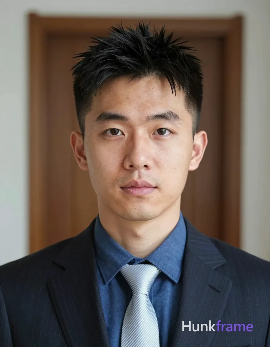 Photograph of exactly 1 adult man. Man 1: East Asian, light to medium, oval with defined jawline and high cheekbones, short, textured black hair styled upward in a spiky fashion, sides tapered short (fade), top longer and tousled, clean-shaven, small stud earring in left earlobe. Man 1 has fully exposed eyes, eyebrows, temples and nose bridge. East Asian man with light skin, short spiky black hair stands in a static head-and-shoulders pose. He faces the camera directly with a neutral expression while wearing a dark navy pinstripe suit jacket over a blue shirt. A thin white striped tie matches his suit as he remains fully clothed from chest up against an indoor background. Vertical portrait framing centers the head, upper torso within a shallow depth of field that blurs the wooden door frame behind him. Soft frontal lighting illuminates his oval face evenly inside a room with light-colored walls creating a polished formal mood. Subtle shadows under his chin define his features while clean composition emphasizes sculpted facial details in fine-art photography style