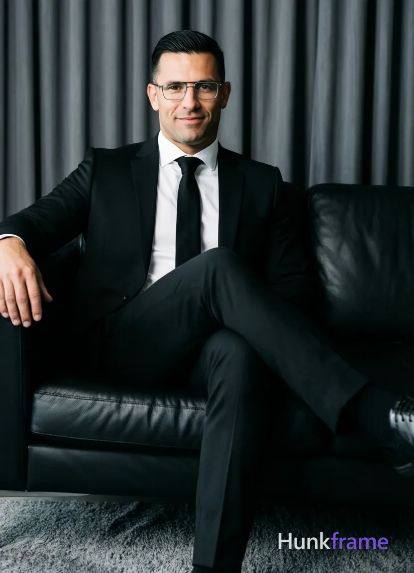 an anonymous figure man in his 30s with light to medium skin, short black straight hair and neat side parting; He wears metal-framed glasses with thin rectangular frames, clear lenses on face; clean-shaven face, calm composed expression with slight smile; Seated relaxed on black leather sofa legs crossed at knee left arm resting along back of couch right hand partially out of frame near thigh; Wearing single-breasted black suit jacket white collared dress shirt buttoned to neck solid black tie knot centered at collar fully clothed lean build torso covered defined athletic anatomy confident strength posture; Indoor studio lounge setting dark gray draped curtains background textured gray rug low-key dramatic lighting soft directional key light from front-left subtle rim backlight creating separation against curtain backdrop shallow depth of field keeping subject sharp while background softly diffused high contrast muted tonal range sophisticated confident minimalist formal elegance fine-art photography vertical portrait 13:19 aspect ratio The adult man visibly wears metal-framed glasses with thin rectangular frames, clear lenses; single clean uninterrupted photograph with a cohesive editorial composition and plain continuous surrounding surfaces