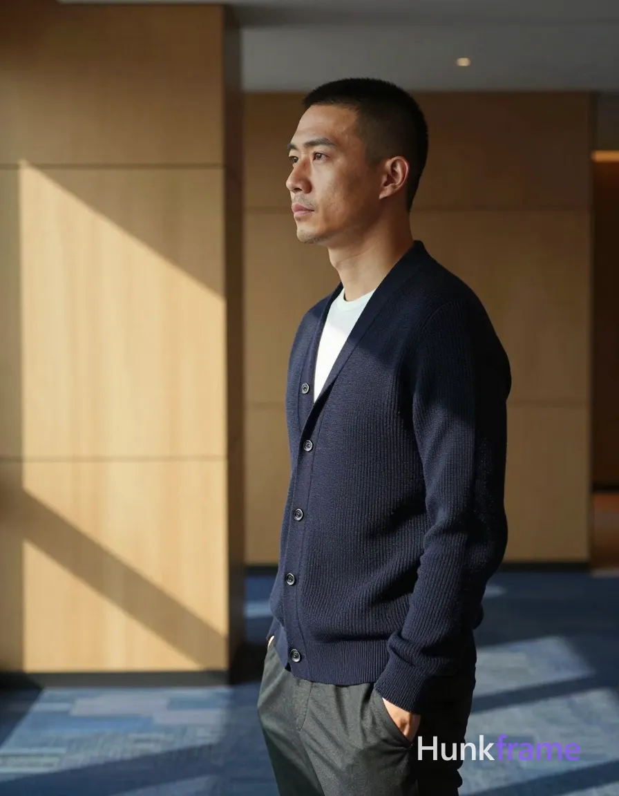 Photograph of exactly 1 adult man. Man 1: East Asian, light to medium tan with warm undertones, square jawline, defined cheekbones, straight nose bridge, buzz cut, very short sides and back, slightly longer on top (1-2cm), dark brown/black color, matte texture, clean-shaven chin and upper lip, light stubble on jawline only. Man 1 has fully exposed eyes, eyebrows, temples and nose bridge. slim East Asian build with light tan skin, buzz cut hair. standing full profile left facing window with hands in pockets. open navy ribbed cardigan over white shirt, charcoal trousers. vertical portrait framing head near ceiling line on center-right. modern interior wood walls blue carpet warm overhead lighting. strong directional sunlight casting geometric shadows left wall. clean lines architectural framing dramatic chiaroscuro photography
