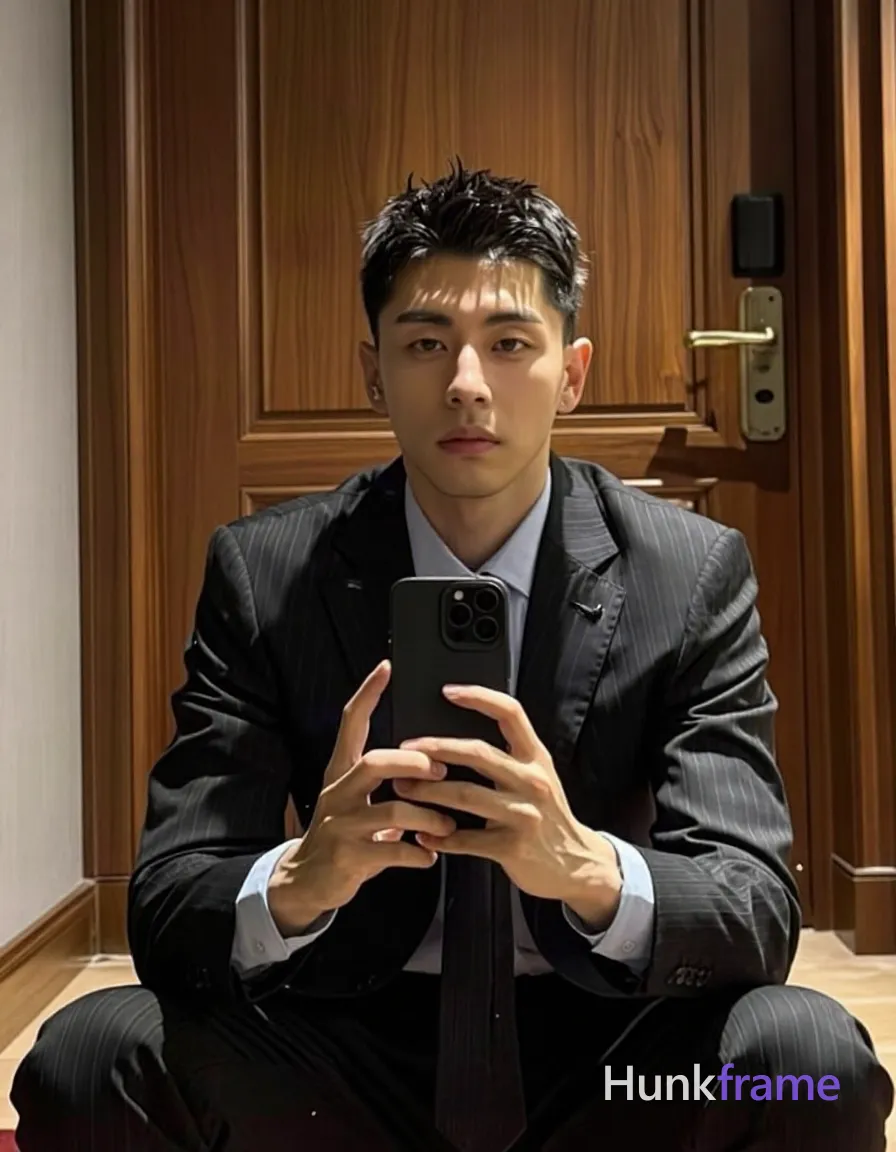 Photograph of exactly 1 adult man. Man 1: Asian, light to medium tan, oval with defined jawline and cheekbones, short, textured dark hair with faded sides, slightly spiky top, clean-shaven neck and ears, clean-shaven, small stud earring in left earlobe. Man 1 has fully exposed eyes, eyebrows, temples and nose bridge. Lean Asian man with short textured dark hair, clean-shaven face. Seated holding smartphone in both hands at chest level for mirror selfie. Dark pinstripe suit jacket over light blue dress shirt with dark tie. Vertical portrait crop showing full body from head to knees centered right. Indoor room featuring tall wooden door, light wood flooring background. Soft directional front-left lighting casting subtle shadows on face folds. Fine-art fashion editorial photography with dramatic controlled warm tones