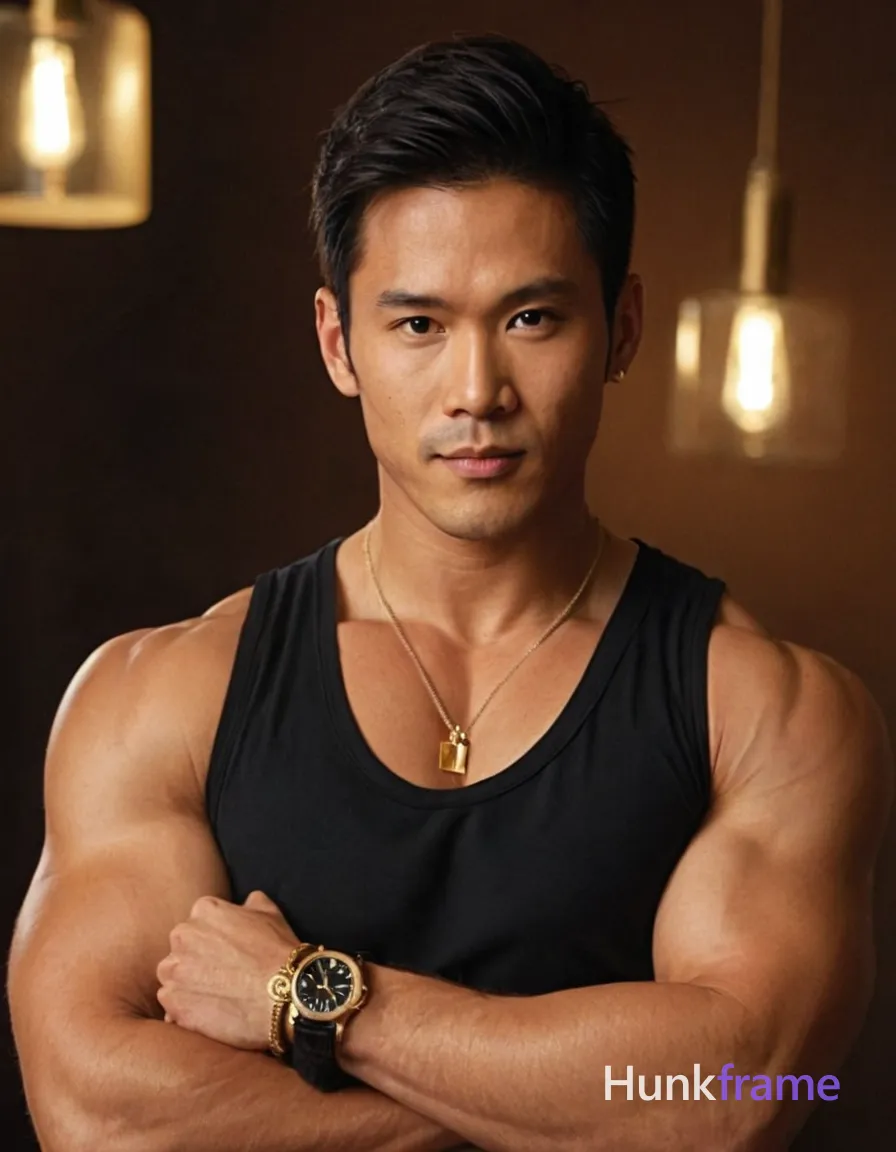 shirtless man with muscular build, arms crossed over chest, hand resting on fur collar, head slightly tilted forward, broad shoulders, defined abs, wearing black fur vest, gold watch and necklace, ring on left hand, seated pose, torso crop, soft warm lighting, dark background, romantic aesthetic, tack-sharp image quality, vertical portrait orientation, 896x1152 canvas