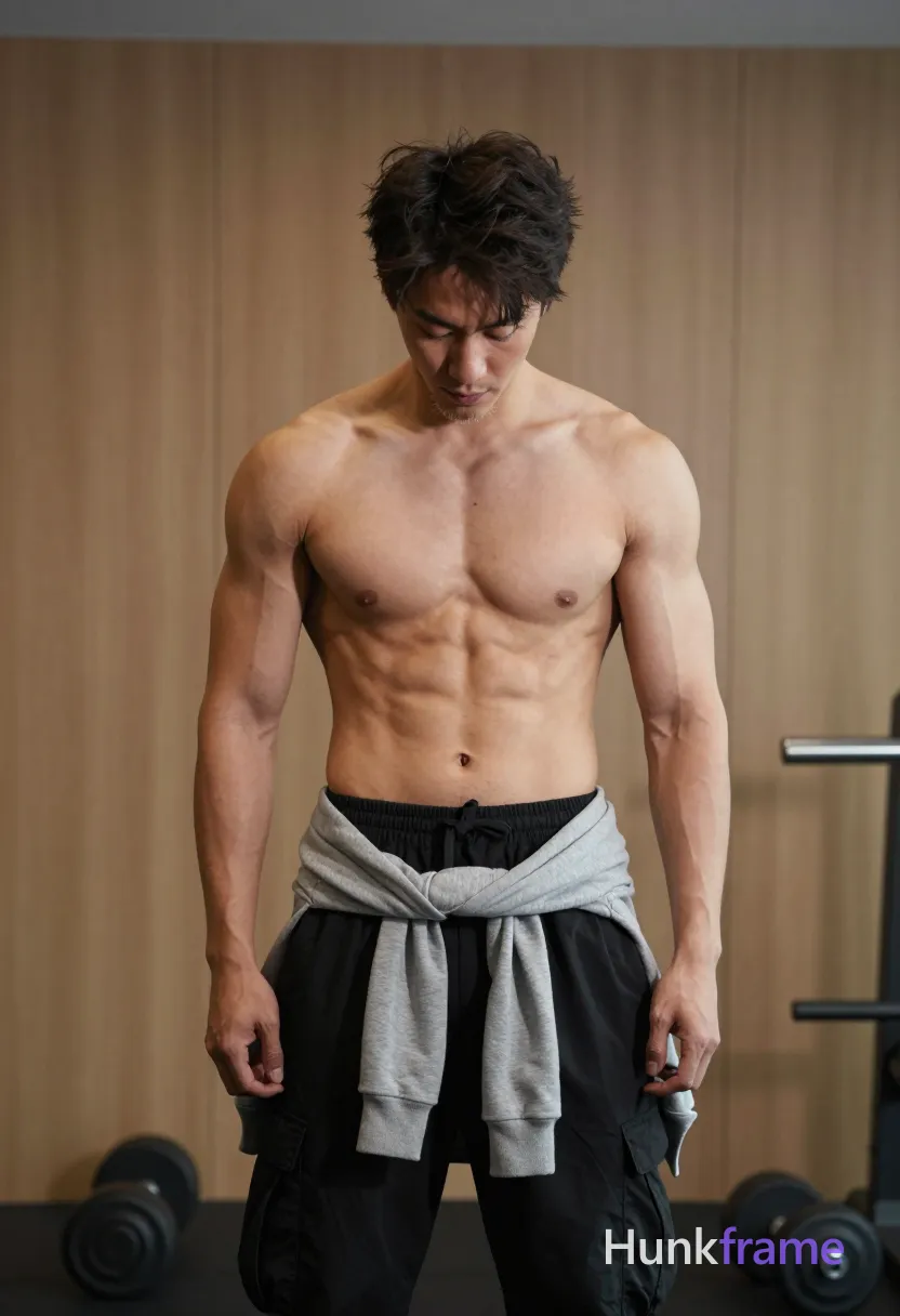 Asian man with light tan skin and short dark tousled hair stands upright in a vertical portrait, head tilted downward; He is shirtless revealing broad shoulders, defined abs, visible vascularity in arms, chest, abdomen, and minimal chest hair with a small mole on the left pectoral area; Black cargo pants with elastic waistband and belt loops are worn; a gray hooded sweatshirt drapes over his front waist; Indoor gym setting with wooden paneling, weight rack, dumbbell on floor, soft overhead ambient light casting subtle shadows across torso; Fine-art photography aesthetic, clean composition, minimalist mood, same aesthetic theme and photo feel as the reference but a different man in a different pose with distinct body proportions, Slavic man, pale skin, ash blond stubble, tall athletic frame; single clean uninterrupted photograph with a cohesive editorial composition and plain continuous surrounding surfaces