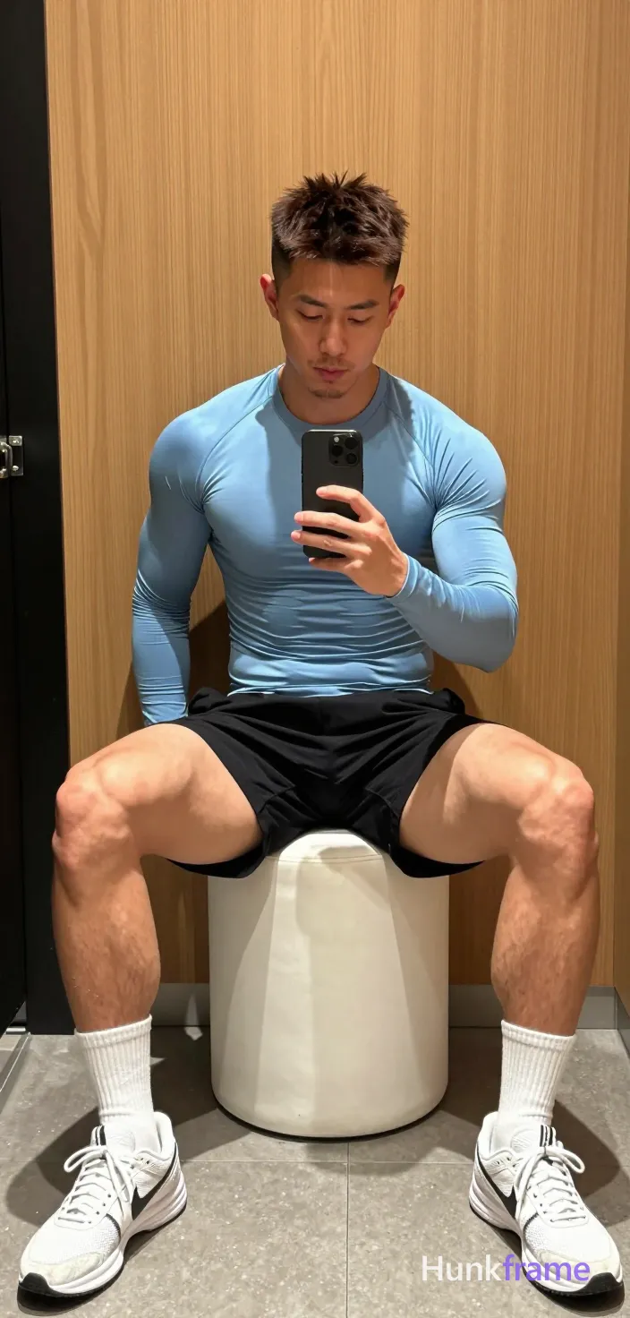 Asian man with light to medium tan skin and short dark brown hair featuring textured top and faded sides, clean-shaven chin with light upper lip stubble; He sits on a white cylindrical stool in an indoor dressing room, legs spread apart, torso upright leaning forward toward a tall narrow black-framed mirror reflection against wooden paneling; Wearing a snug light blue long-sleeve compression shirt highlighting defined pectorals and abdominal muscles, black athletic shorts ending mid-thigh revealing full leg length including thick thighs and well-defined calves, white crew socks pulled to mid-calf height on both feet, white athletic sneakers with dark laces holding the phone at chest level; Soft directional lighting creates subtle shadows under chin and nose while even illumination highlights muscle definition without harsh contrast; Clean composition centered within mirror frame showing full-body reflection; natural skin tones with slight compression fabric sheen; single clean uninterrupted photograph with a cohesive editorial composition and plain continuous surrounding surfaces