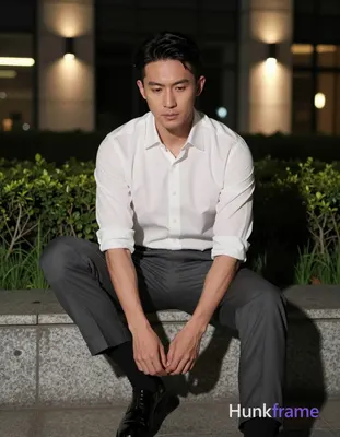 Photograph of exactly 1 adult man. Man 1: Asian, light-medium, oval with defined jawline, short dark