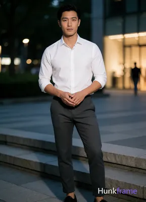 Asian man with short black straight side-parted hair and clean-shaven neck, neutral expression gazin