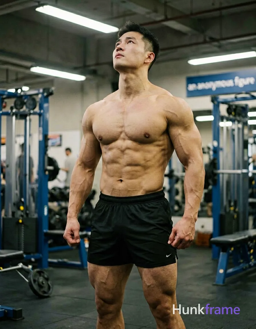 muscular male subject standing with arms slightly bent at elbows, torso angled to side, looking upwards; shirtless with defined abs and thick muscular thighs visible, wearing black athletic shorts; gym setting with equipment in background, natural overhead fluorescent lighting casting subtle shadows that highlight muscle definition; earthy tones contrasting against dark shorts; fine-art photography focusing on male physique