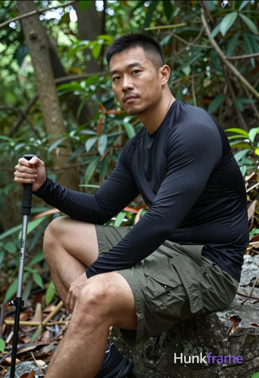 Asian man medium-tan skin short black buzz cut styled top light stubble beard seated on rock in forest torso angled left head turned to camera direct gaze neutral mouth right knee up and bent left leg extended downward out of frame holding trekking pole handle with right hand near thigh wearing black long-sleeve athletic shirt torso fully covered olive-green cargo shorts broad shoulders thick thighs dense green foliage background natural dappled light through canopy mobile phone camera aesthetic slightly grainy texture vertical portrait 13:19 aspect ratio, a single uninterrupted photograph only, no written words or typography anywhere in frame, no captions, no app UI, no social-media post layout, no screenshot borders