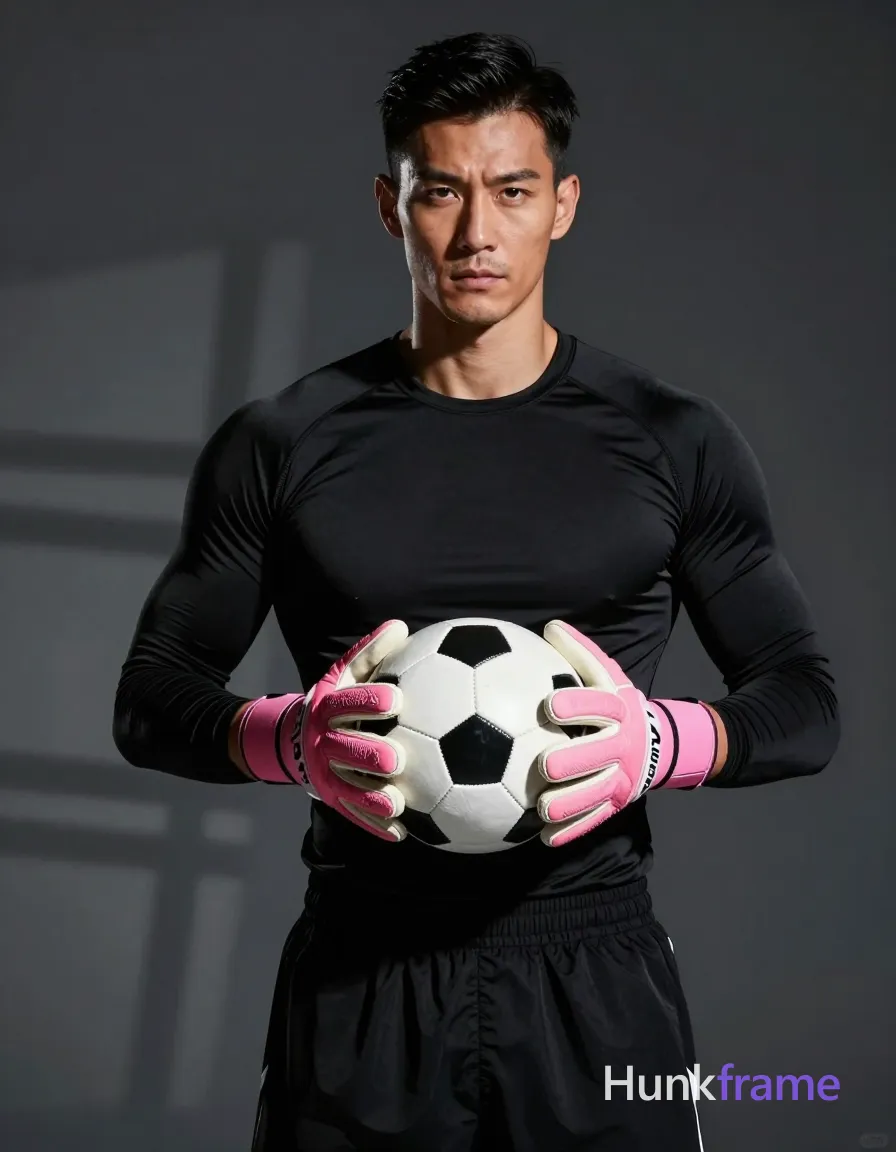 A handsome medium-dark skinned man with short dark hair styled back and clean-shaven face stares seriously into the camera. He stands front-facing, torso upright in a black long-sleeve athletic compression shirt fully covering his broad shoulders and defined arms, paired with black athletic shorts showing a visible waistband. His hands hold a black-and-white soccer ball at chest level with elbows slightly bent while wearing pink goalkeeper gloves. The scene is a studio or controlled dark background with faint geometric light patterns projected behind him. Dramatic directional lighting from front-left casts strong shadows on the right side of his face and torso, creating high contrast sculpted musculature in this fine-art photography aesthetic waist-up portrait framing., same aesthetic theme and photo feel as the reference but a different man in a different pose with distinct body proportions, Chinese man, light tan skin, high cheekbones, lean wiry martial-arts physique, a single uninterrupted photograph only, no written words or typography anywhere in frame, no captions, no app UI, no social-media post layout, no screenshot borders