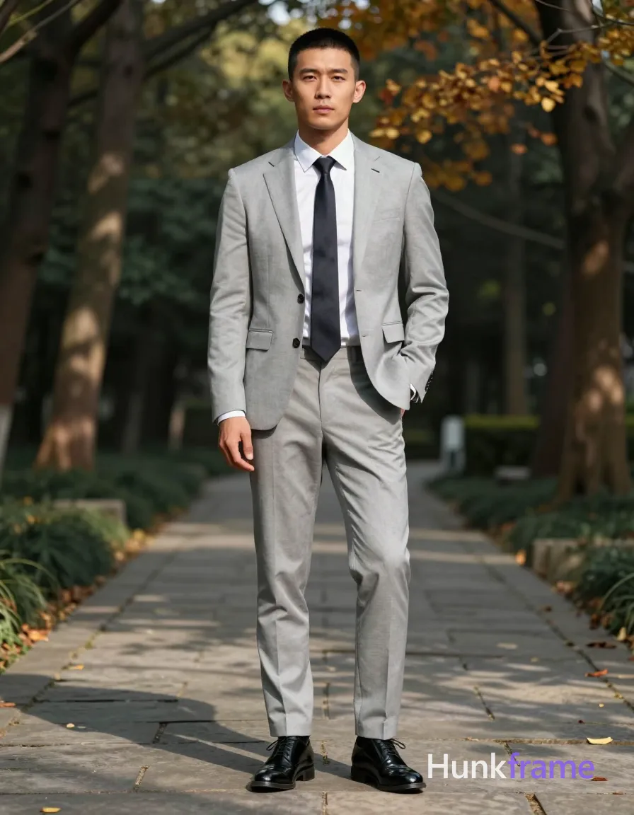 Asian man with short black buzz cut and clean-shaven skin stands upright on a stone path, left hand in light gray tailored suit jacket pocket, right arm relaxed; He wears an open white dress shirt with striped collar detail and dark solid tie knotted neatly against chest, paired with matching trousers and polished black patent leather oxford shoes; Standing full-body vertical shot from head to shoes centered in composition with forest background framing him on both sides; Natural daylight filters through canopy creating dappled shadows across sculpted physique emphasizing broad shoulders and thick thighs; Cinematic depth of field blurs autumn foliage trees slightly while highlighting fabric texture; Mood is contemplative, refined, quietly confident, same aesthetic theme and photo feel as the reference but a different man in a different pose with distinct body proportions, German man, fair skin, strong brow ridge, lean cyclist legs; single clean uninterrupted photograph with a cohesive editorial composition and plain continuous surrounding surfaces