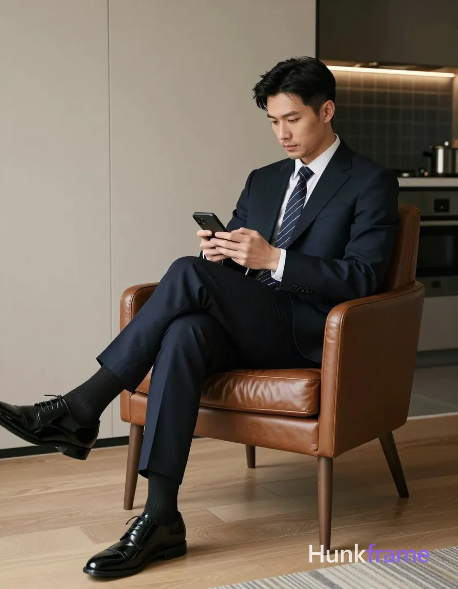 Asian man with short black straight hair, neat side part, clean-shaven face, focused neutral expression looking down at phone; Seated in brown leather armchair right leg crossed over left knee, torso leaning back relaxedly holding black smartphone with both hands near chest level wearing dark navy blue single-breasted suit jacket notched lapel white dress shirt buttoned to neck patterned dark tie diagonal stripes matching navy trousers cuffed ankle black ribbed socks mid-calf shiny black patent leather lace-up oxford shoes; Full body shot from knees up vertical portrait orientation modern indoor space light wood flooring beige wall paneling brown leather armchair striped rug kitchen area visible background featuring dark tiled backsplash stainless steel fixtures soft ambient lighting gentle shadows cool-toned glow behind subject calm composed sophisticated contemplative clean lines minimalist decor high-end interior design aesthetic, same aesthetic theme and photo feel as the reference but a different man in a different pose with distinct body proportions, Slavic man, pale skin, ash blond stubble, tall athletic frame; single clean uninterrupted photograph with a cohesive editorial composition and plain continuous surrounding surfaces