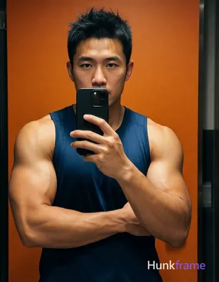 Asian man with light to medium tan skin and short dark black hair featuring a textured top with slig